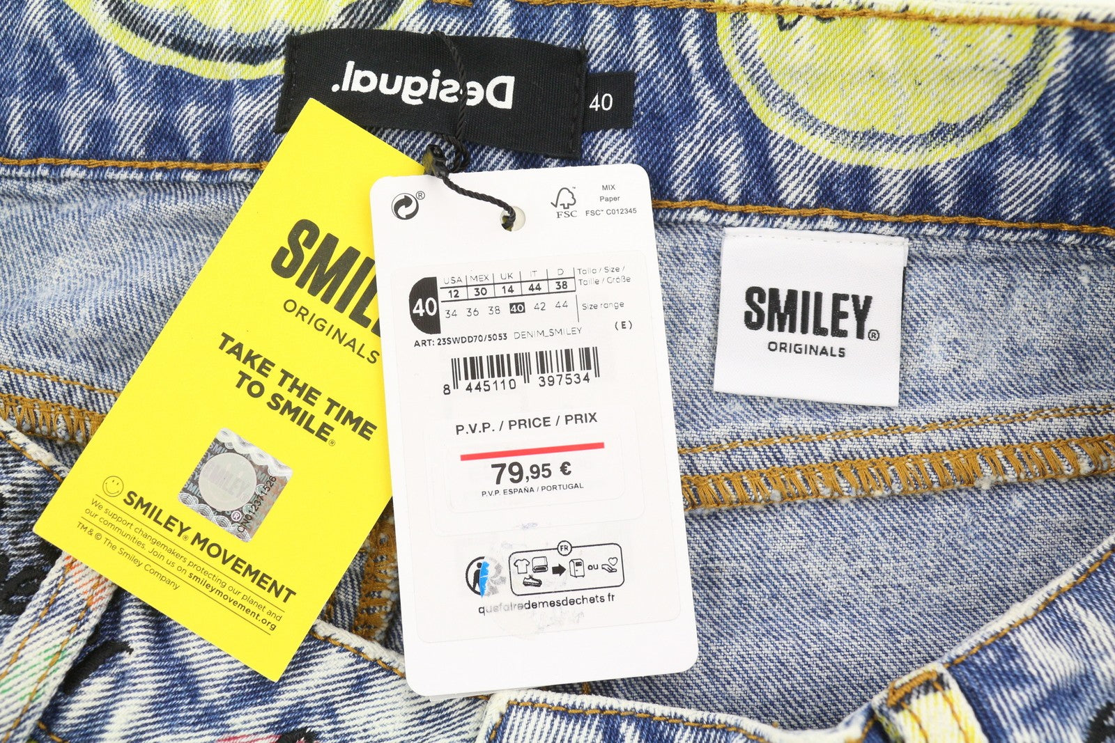 DESIGUAL Denim Smiley Women Shorts EU40 W31 Blue Patterned Faded Distress