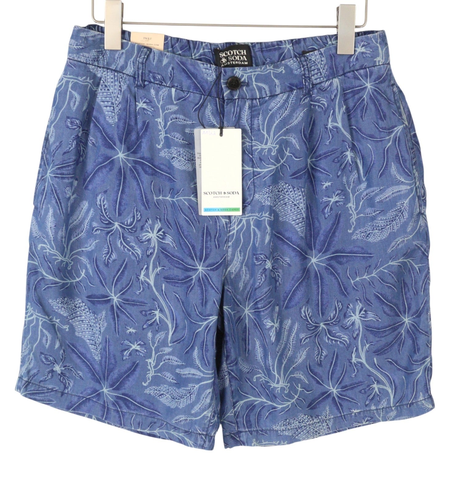 SCOTCH & SODA Twilt Men Shorts W32 Blue Leafs Pattern Loose Fit Stretch Tencel
