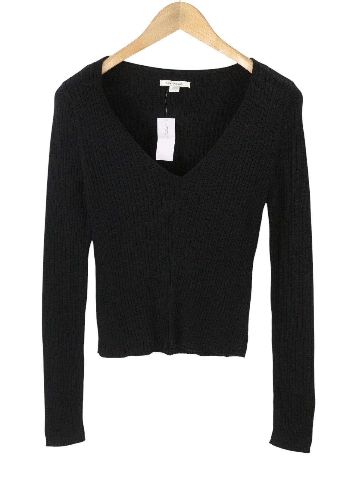 AMERICAN EAGLE OUTFITTERS Women T-Shirt L Black Ribbed V-Neck Long Sleeved
