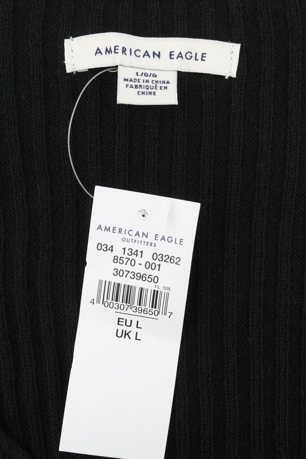 AMERICAN EAGLE OUTFITTERS Women T-Shirt L Black Ribbed V-Neck Long Sleeved
