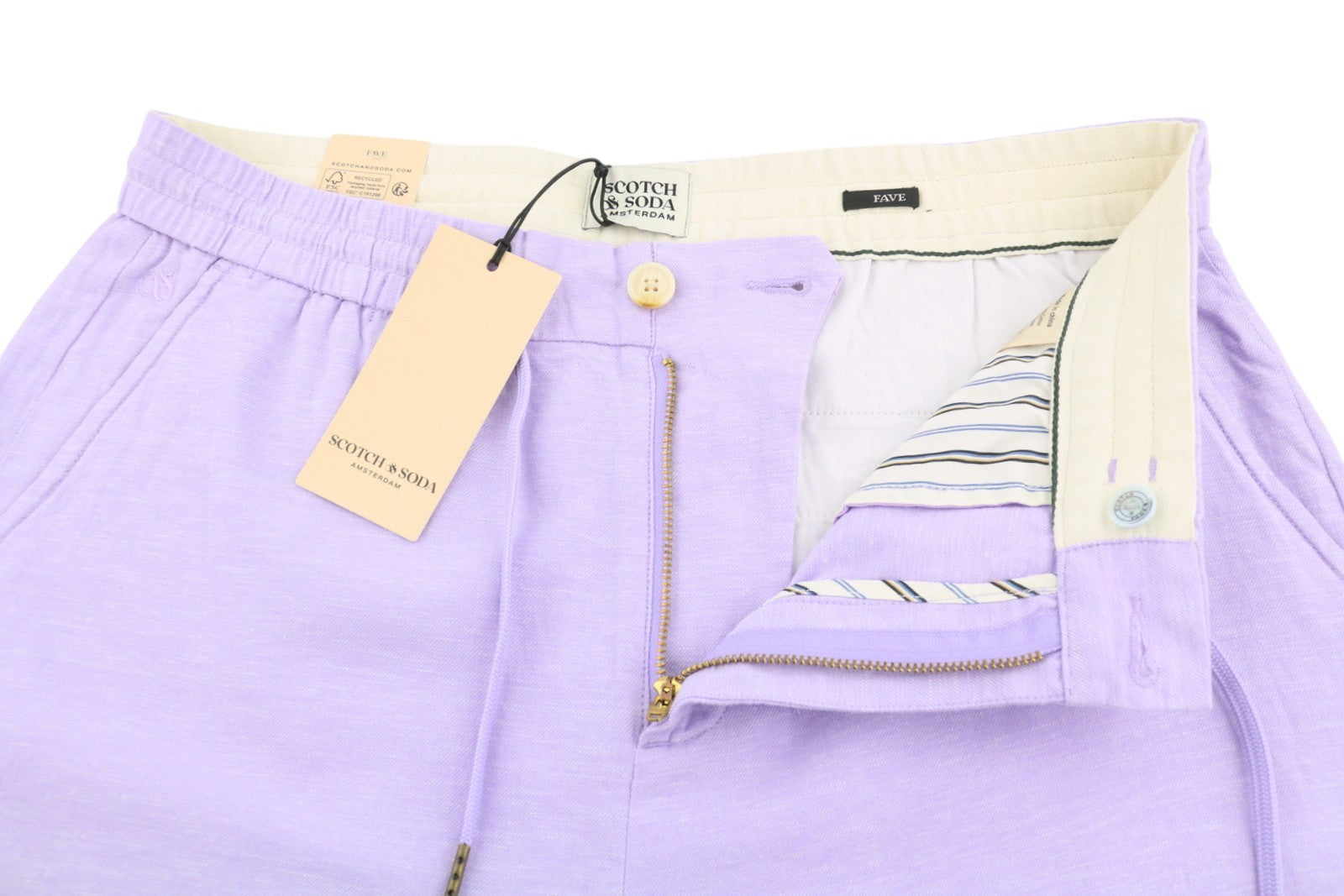 SCOTCH & SODA Fave Men Shorts W31 Purple Linen Blend Regular Drawstring Waist