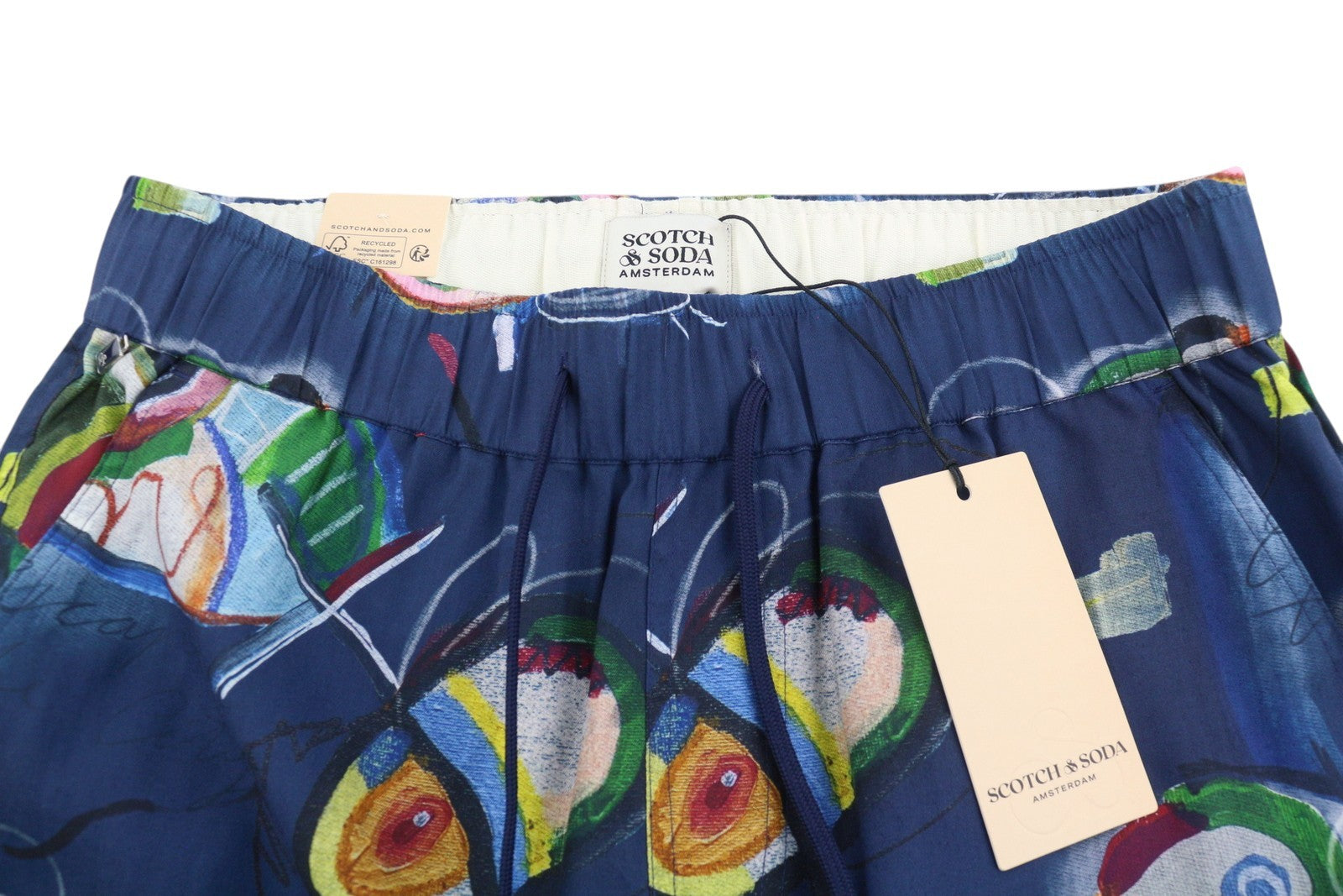 SCOTCH & SODA Men Shorts M W30 Blue Patterned Relaxed Drawstring Waist Tencel
