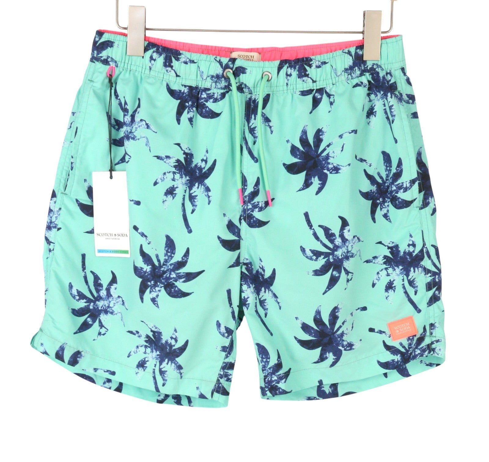 SCOTCH & SODA Men Swimwear W31 Blue Mint Wax Leaf Print Drawstring Waist
