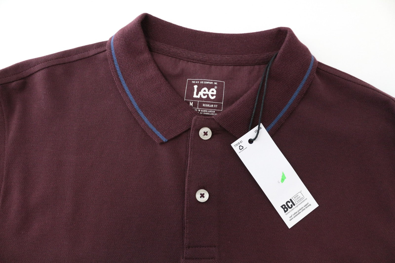 LEE Men T-Shirt M Burgundy Red Pure Cotton Long Sleeved Casual Polo