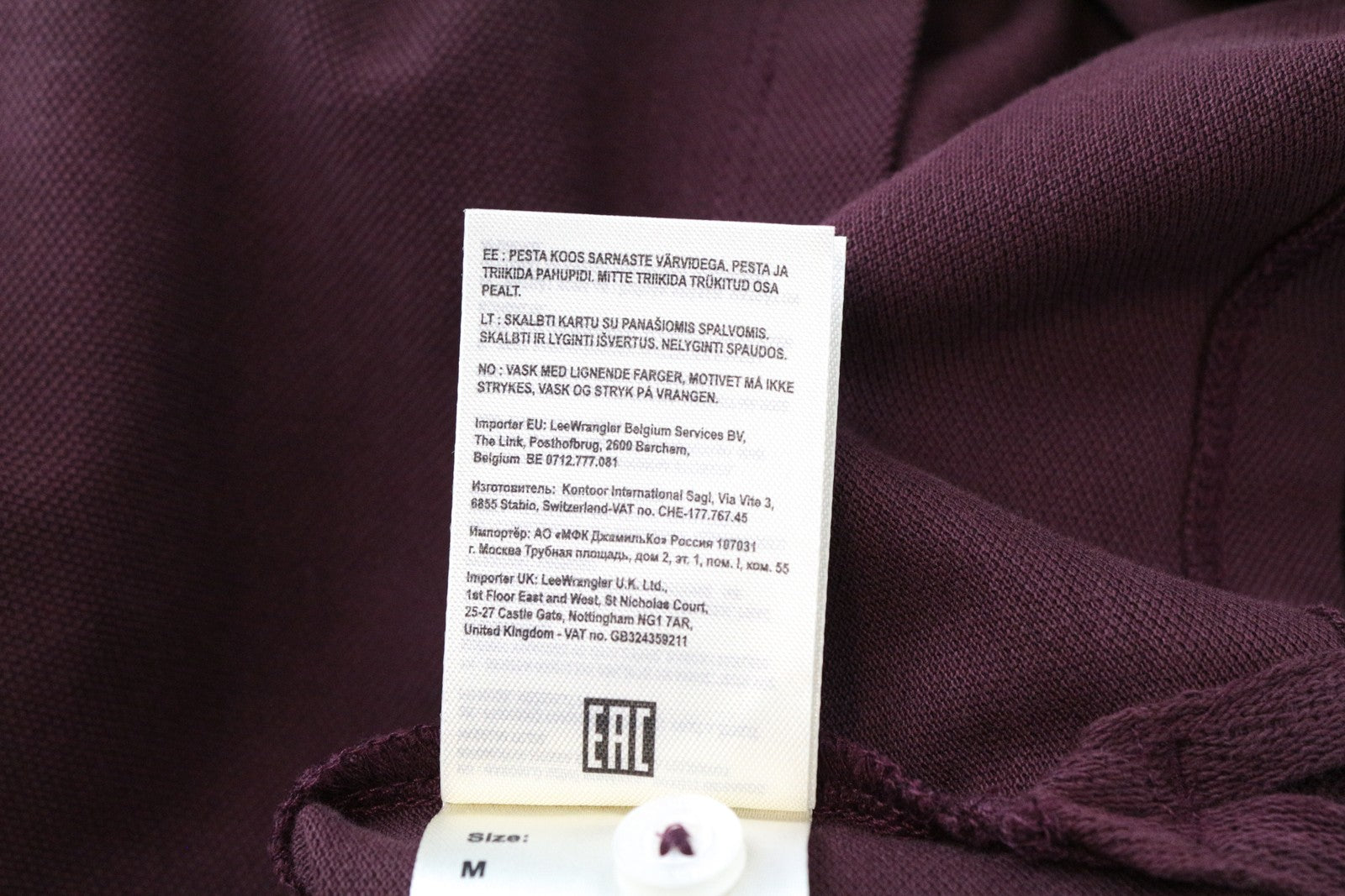 LEE Men T-Shirt M Burgundy Red Pure Cotton Long Sleeved Casual Polo