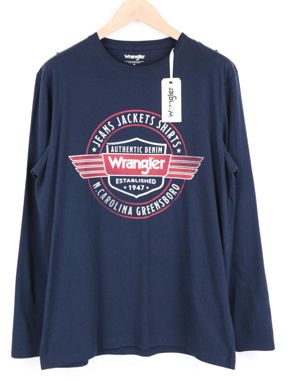 WRANGLER Men T-Shirt M Blue Pure Cotton Long Sleeved Pull On Casual Logo