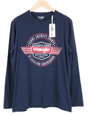 WRANGLER Men T-Shirt M Blue Pure Cotton Long Sleeved Pull On Casual Logo