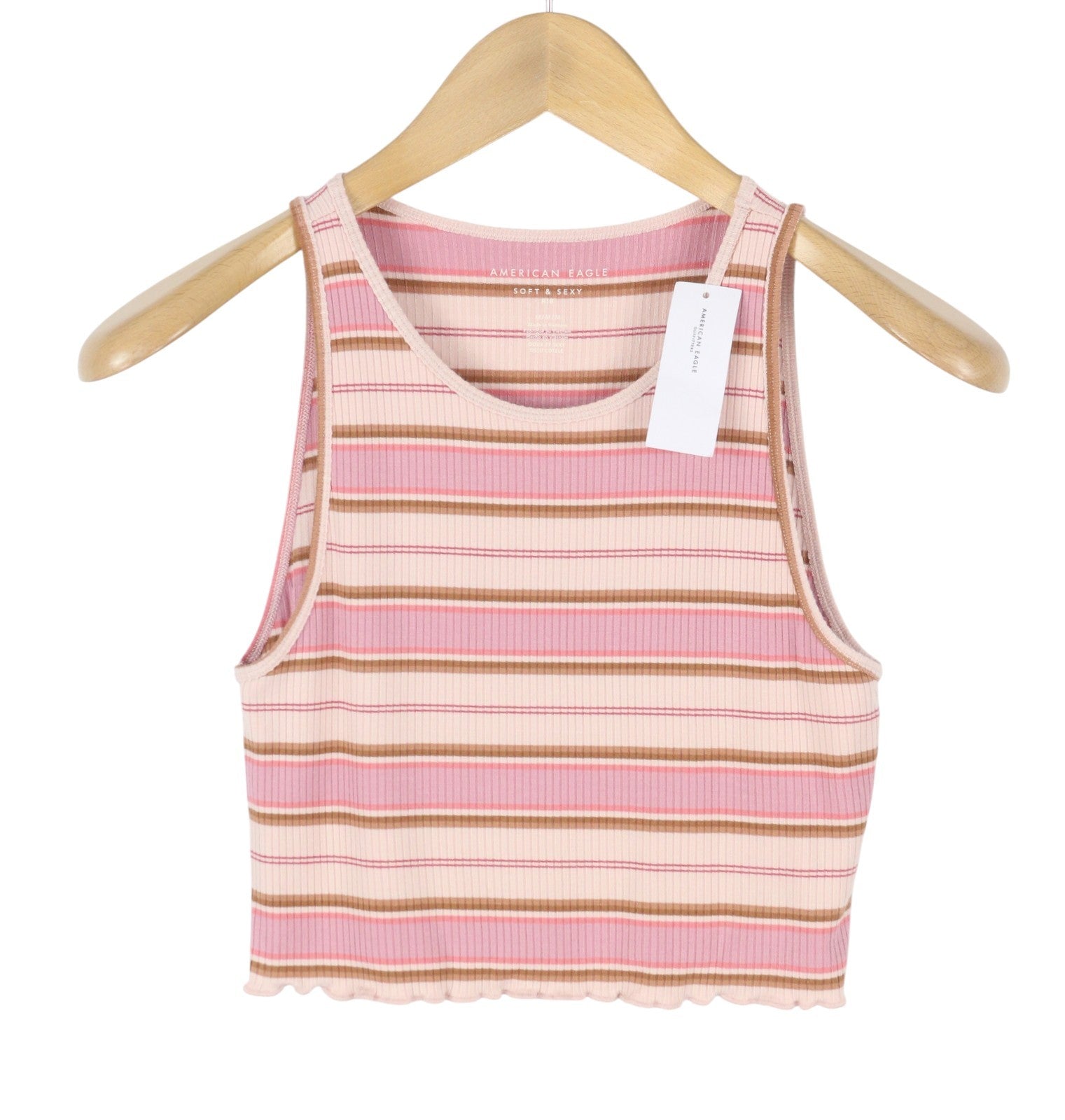 AMERICAN EAGLE OUTFITTERS Women T-Shirt M Pink Stripe Ribbed Cropped Sleeveless
