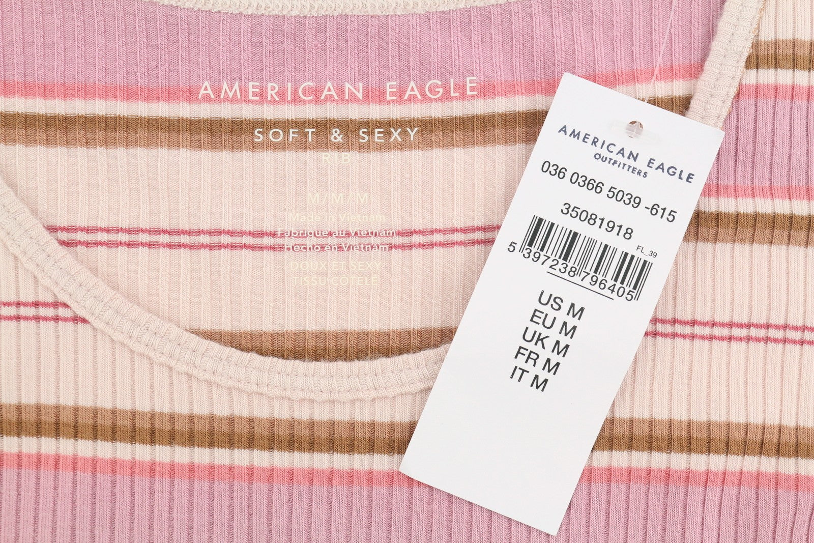 AMERICAN EAGLE OUTFITTERS Women T-Shirt M Pink Stripe Ribbed Cropped Sleeveless