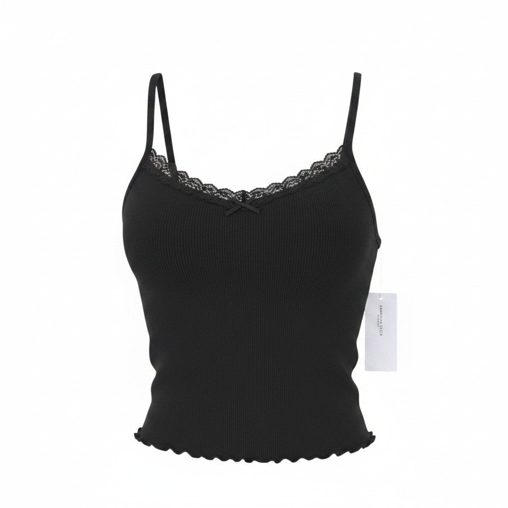 AMERICAN EAGLE OUTFITTERS Women T-Shirt XS Black Lace Trim Cropped Sleeveless