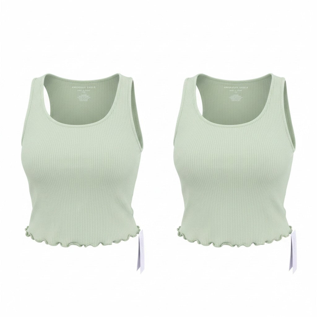 AMERICAN EAGLE OUTFITTERS Women T-Shirt S Green Ribbed Cropped Sleeveless 2PC