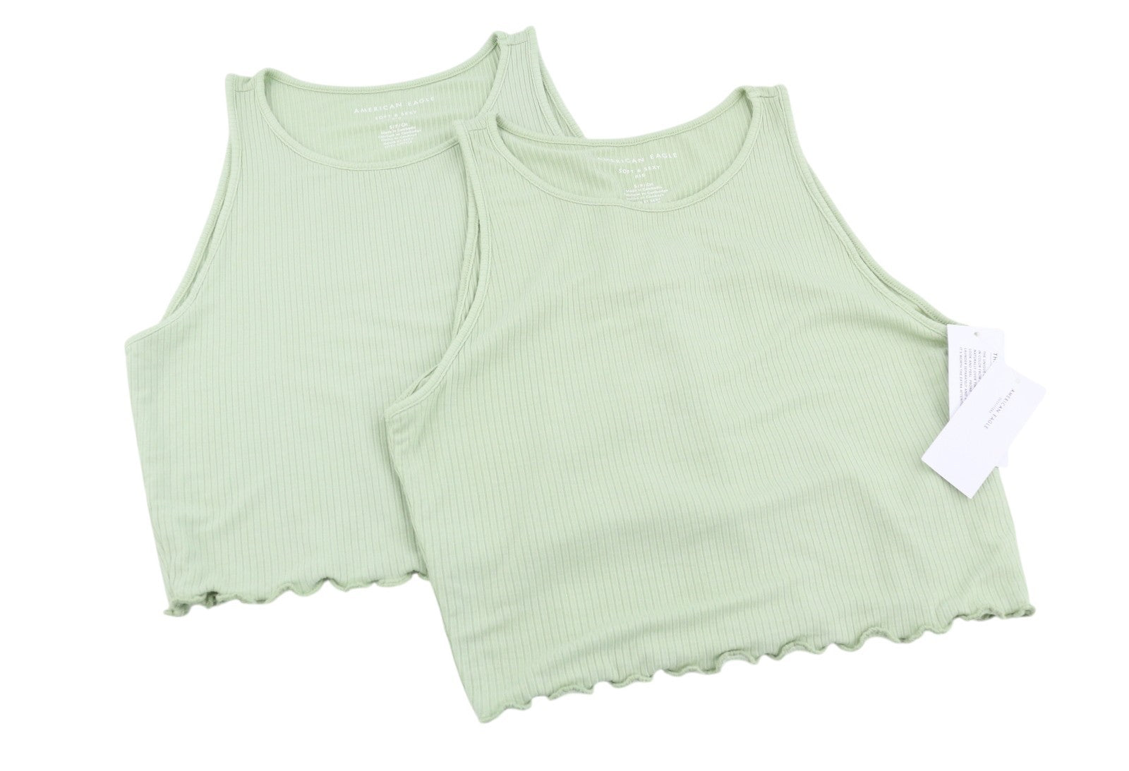AMERICAN EAGLE OUTFITTERS Women T-Shirt S Green Ribbed Cropped Sleeveless 2PC