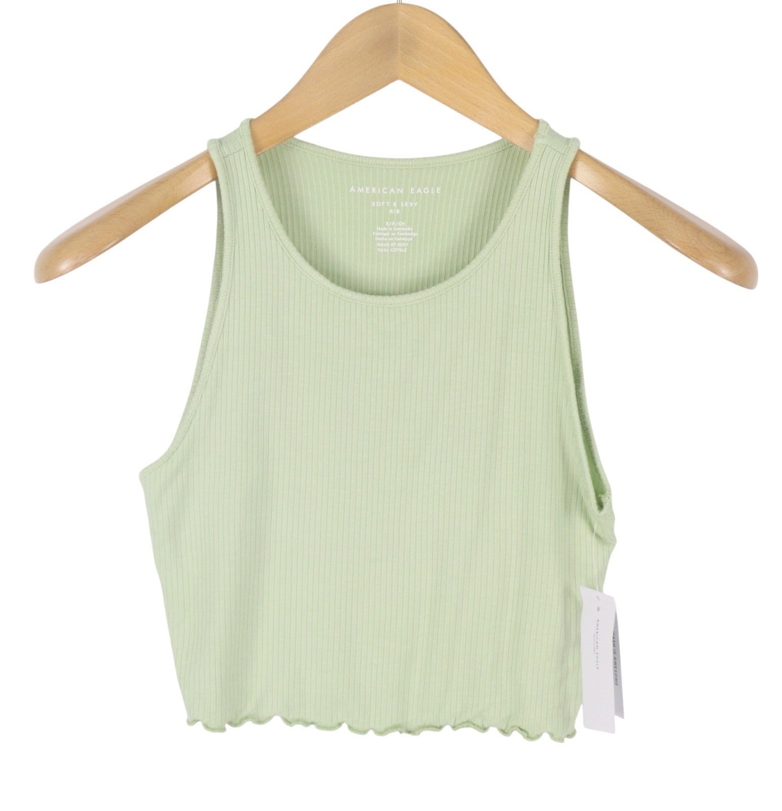 AMERICAN EAGLE OUTFITTERS Women T-Shirt S Green Ribbed Cropped Sleeveless 2PC