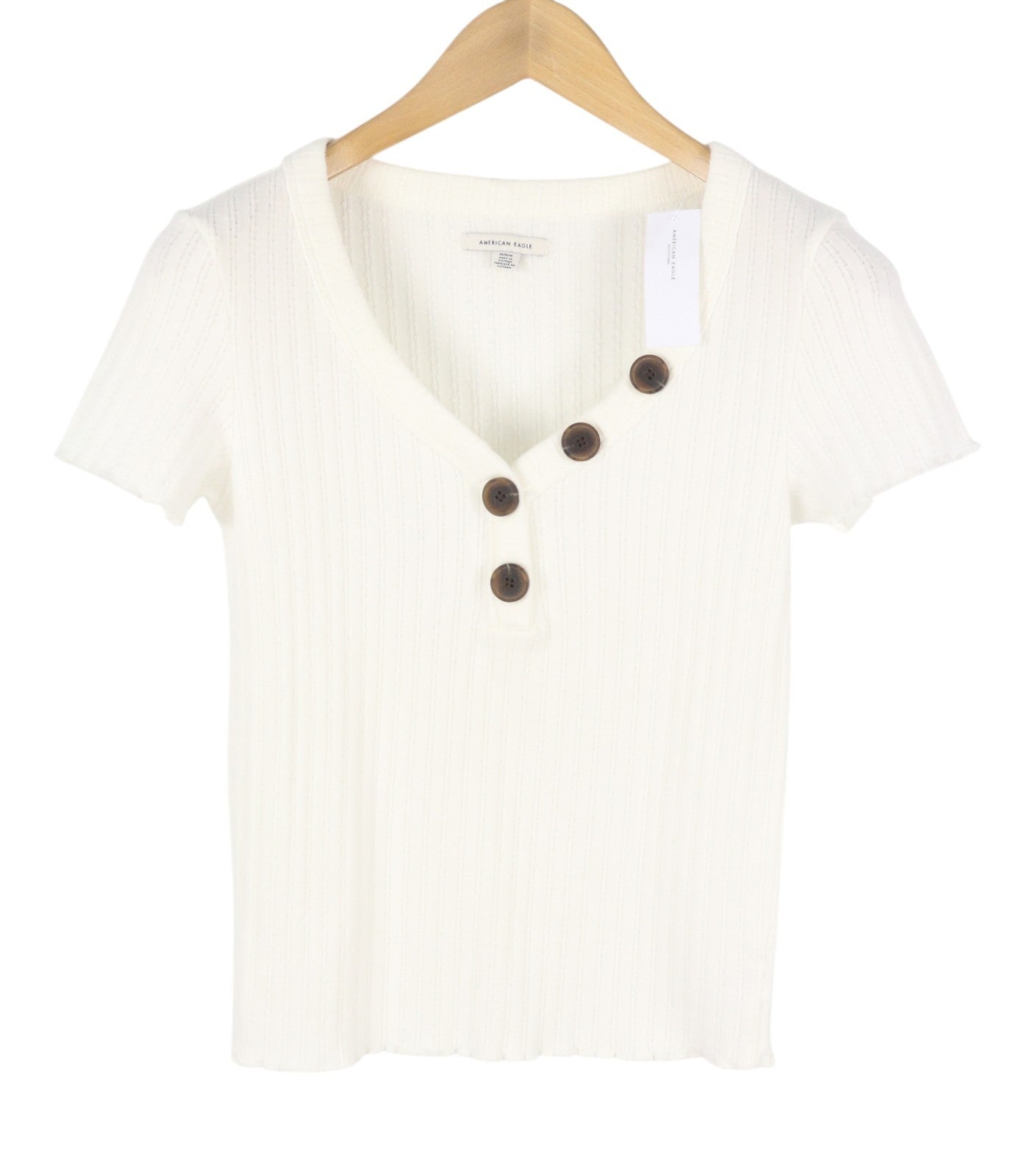 AMERICAN EAGLE OUTFITTERS Women T-Shirt M White Ribbed V-Neck Short Sleeve