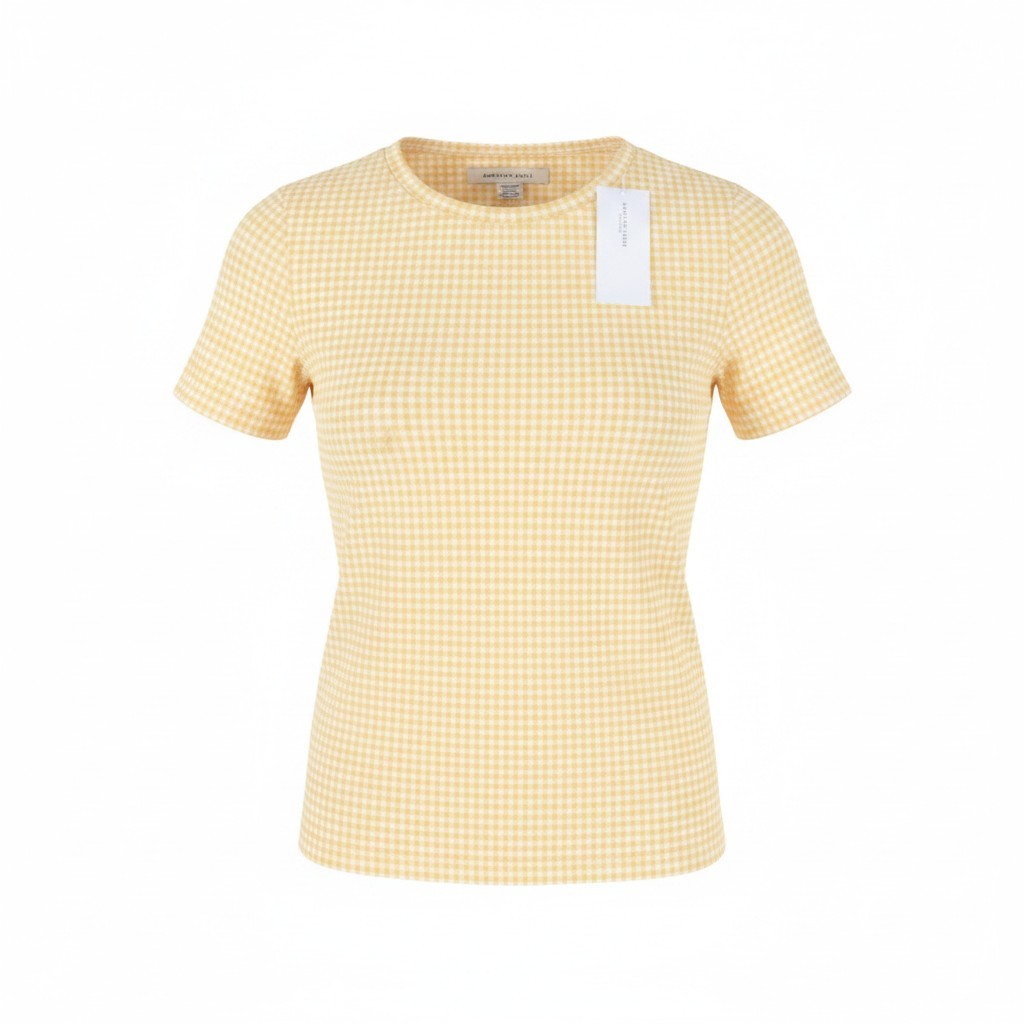 AMERICAN EAGLE OUTFITTERS Women T-Shirt XS Yellow Plaid Crew Neck Short Sleeve
