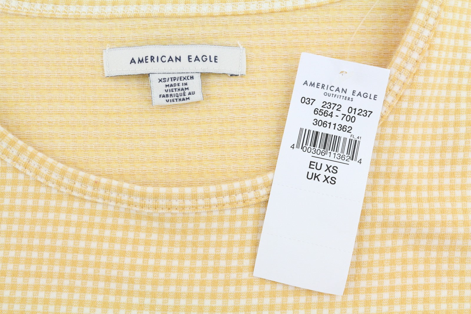 AMERICAN EAGLE OUTFITTERS Women T-Shirt XS Yellow Plaid Crew Neck Short Sleeve