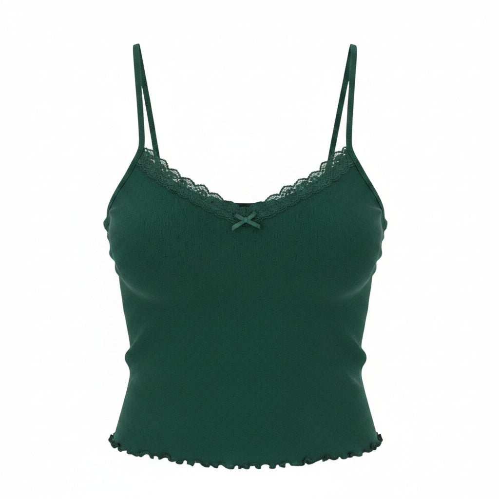 AMERICAN EAGLE OUTFITTERS Women T-Shirt M Green Lace Trim Cropped Sleeveless