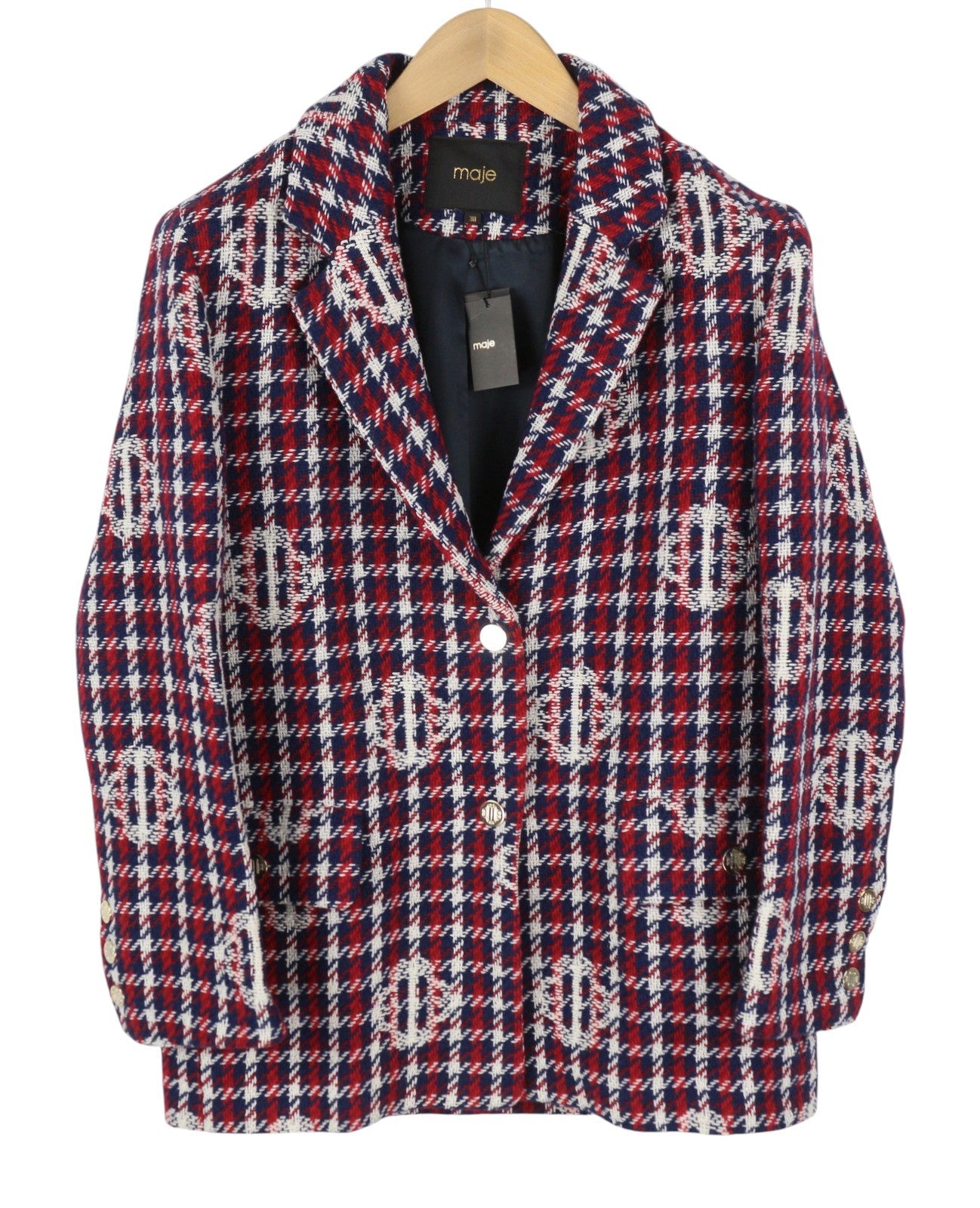 MAJE Vargelo Women Blazer 38 M Checked Monogram-Jacquard Embroidered Woven