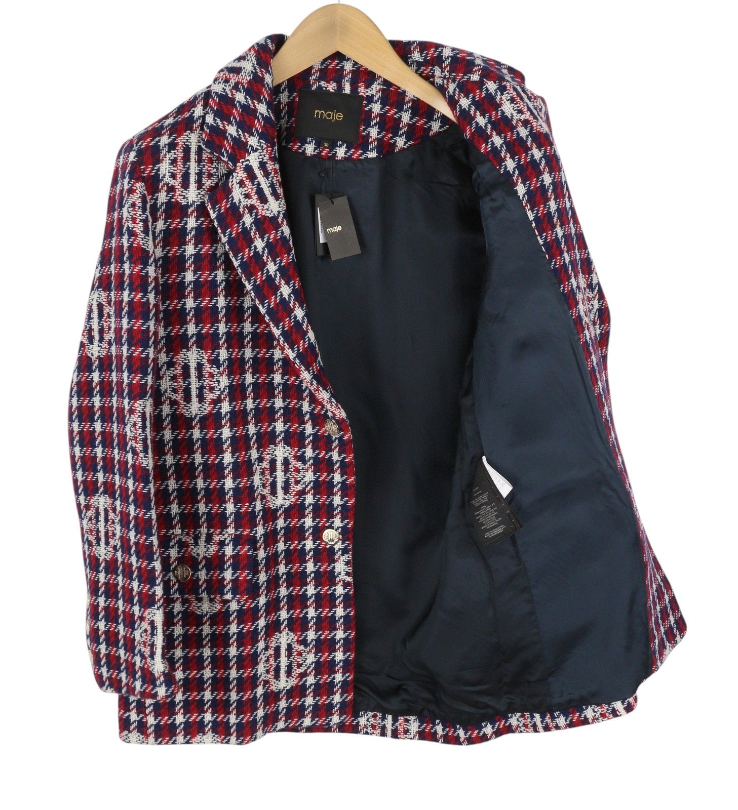MAJE Vargelo Women Blazer 38 M Checked Monogram-Jacquard Embroidered Woven