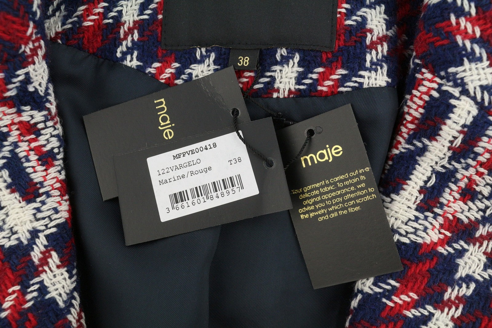 MAJE Vargelo Women Blazer 38 M Checked Monogram-Jacquard Embroidered Woven