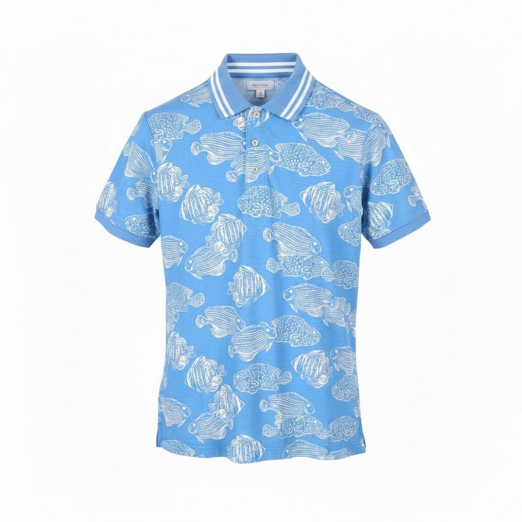 AMERICAN EAGLE OUTFITTERS Standard Fit Men Polos M Blue Fish Print Short Sleeve