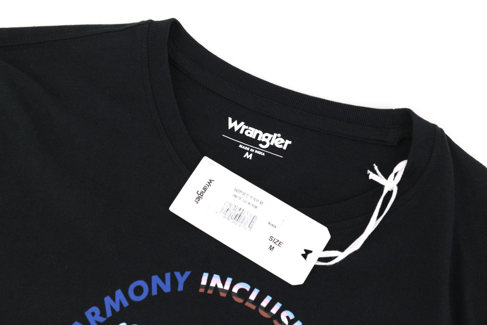 WRANGLER Men T-Shirt M Black Pure Cotton Short Sleeve Pull On Rainbow Logo