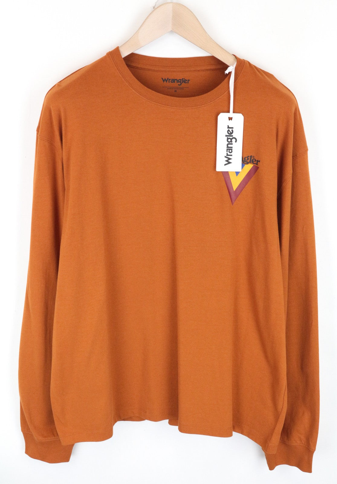 WRANGLER Men T-Shirt M Orange Pure Cotton Long Sleeve Pull On Casual Logo