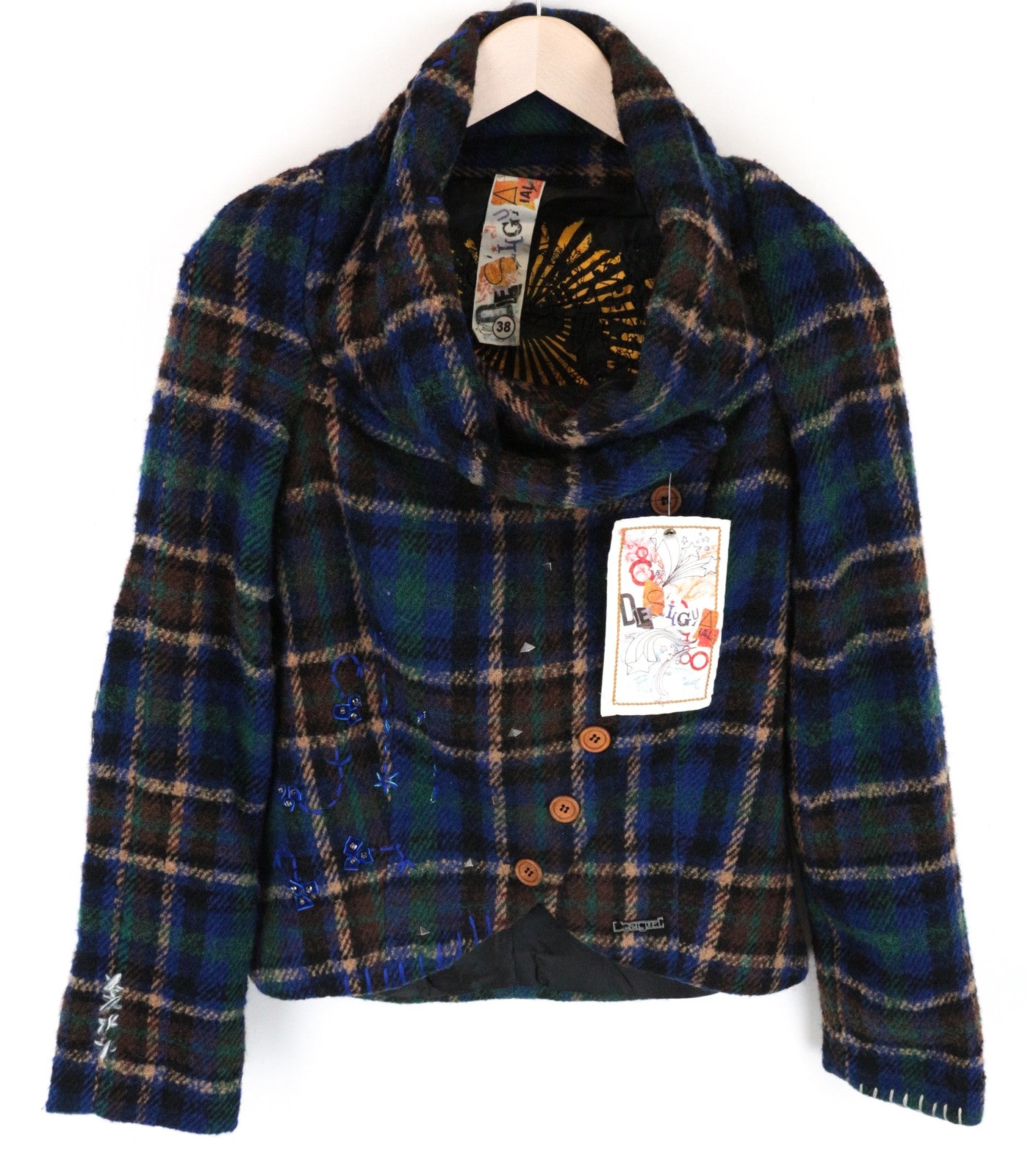 DESIGUAL Women Jacket 38 M Blue Wool Blend Checked Single-Breasted Long Sleeve