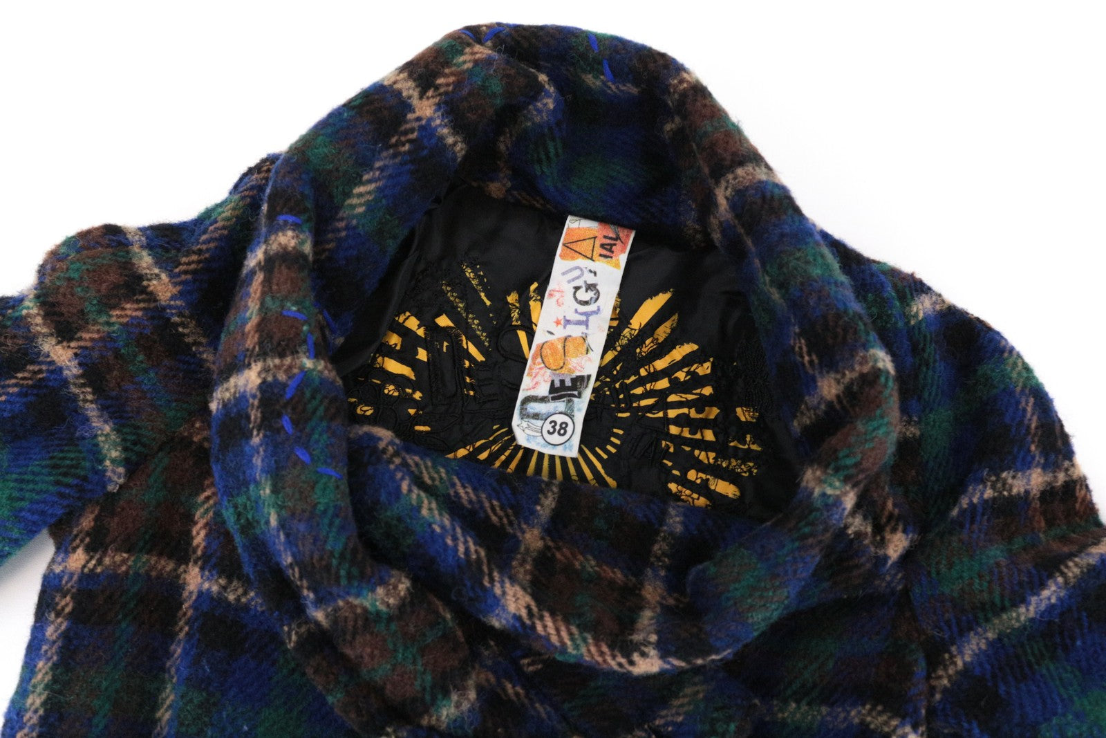 DESIGUAL Women Jacket 38 M Blue Wool Blend Checked Single-Breasted Long Sleeve