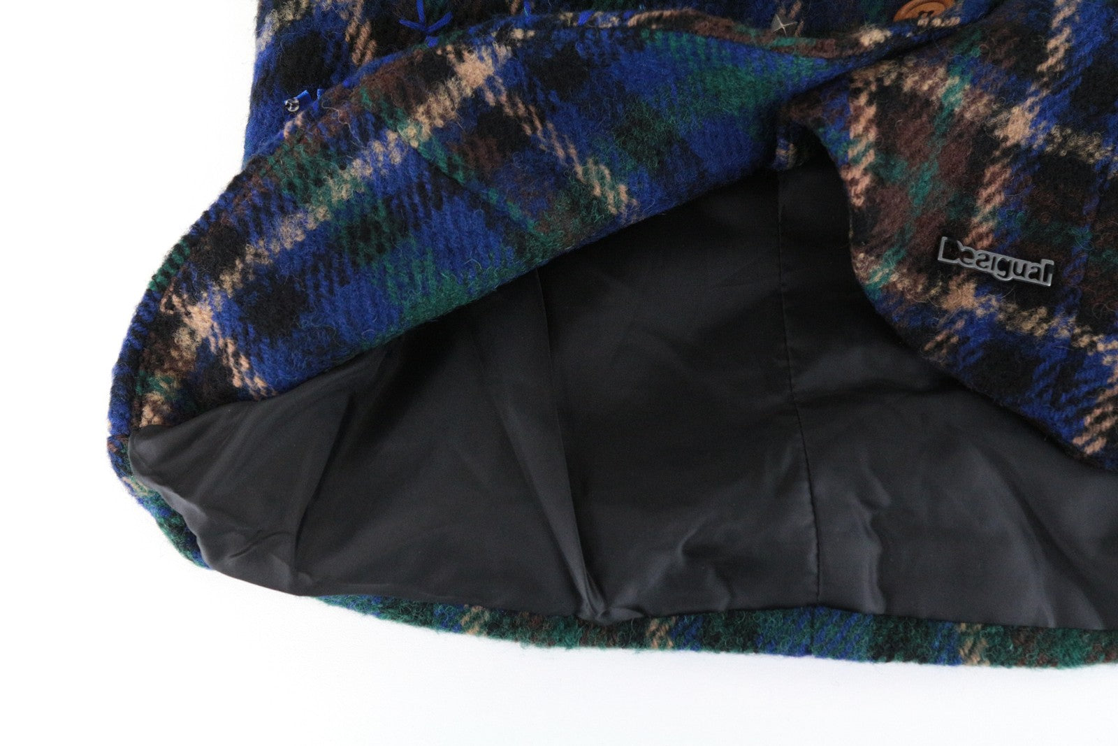 DESIGUAL Women Jacket 38 M Blue Wool Blend Checked Single-Breasted Long Sleeve