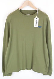 WRANGLER Men T-Shirt M Green Pure Cotton Casey Jones Back Logo Long Sleeved