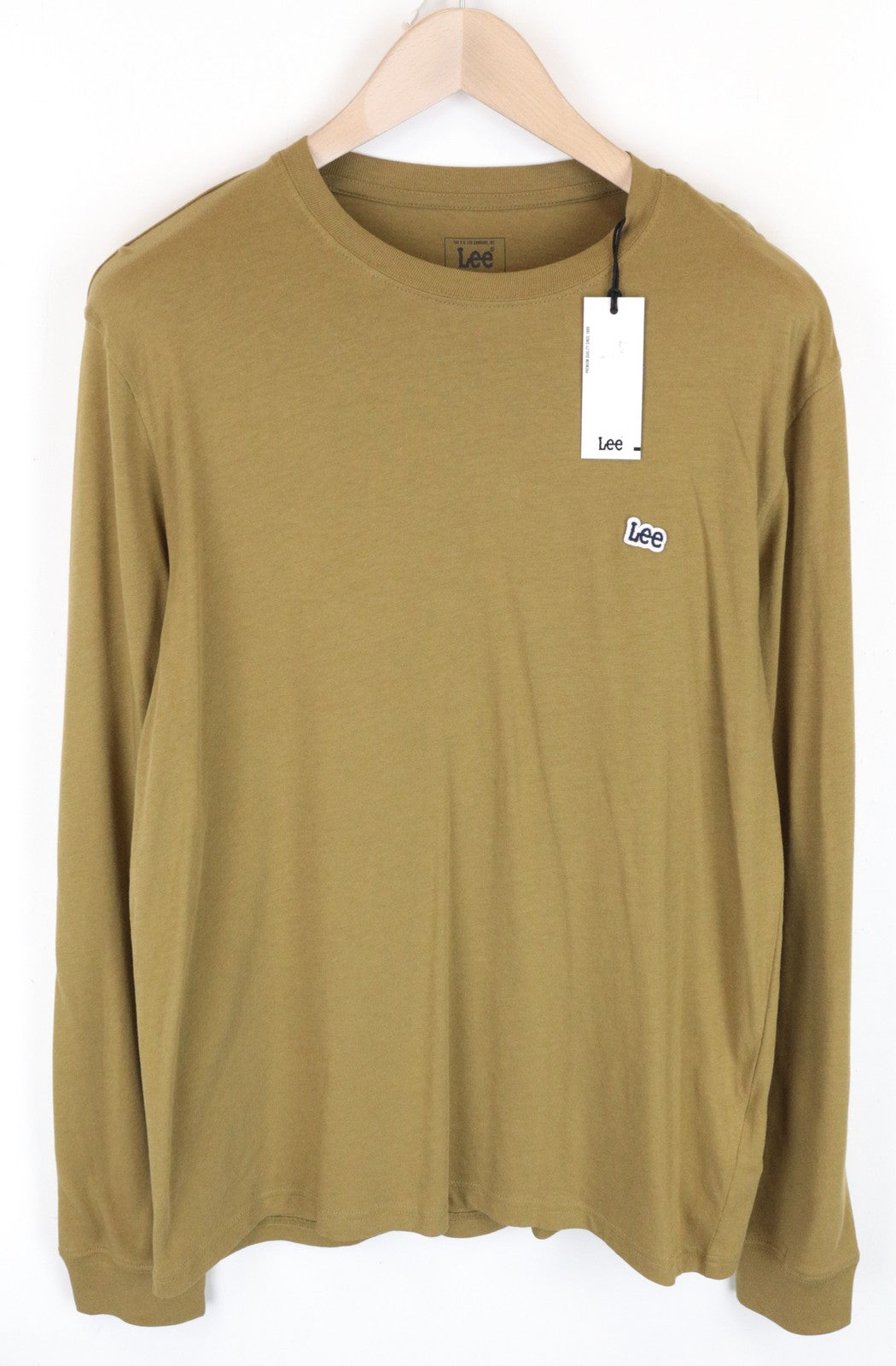 LEE Men T-Shirt M Green Pure Cotton Long Sleeved Logo Pull On Casual
