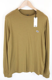 LEE Men T-Shirt M Green Pure Cotton Long Sleeved Logo Pull On Casual