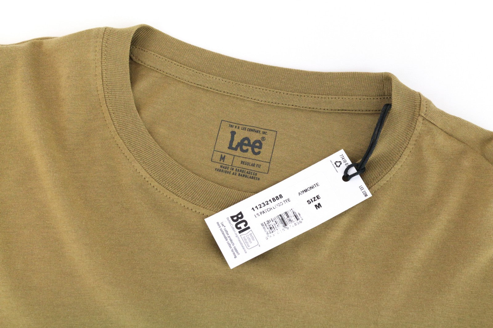 LEE Men T-Shirt M Green Pure Cotton Long Sleeved Logo Pull On Casual
