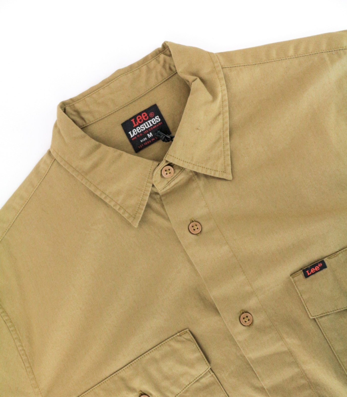 LEE Men Shirt M Khaki Green Pure Cotton Long Sleeved Button-Up Pocketed