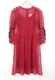 MINT & BERRY Women Dress UK8 Red Long Sleeved Lined Lace Below Knee Layered