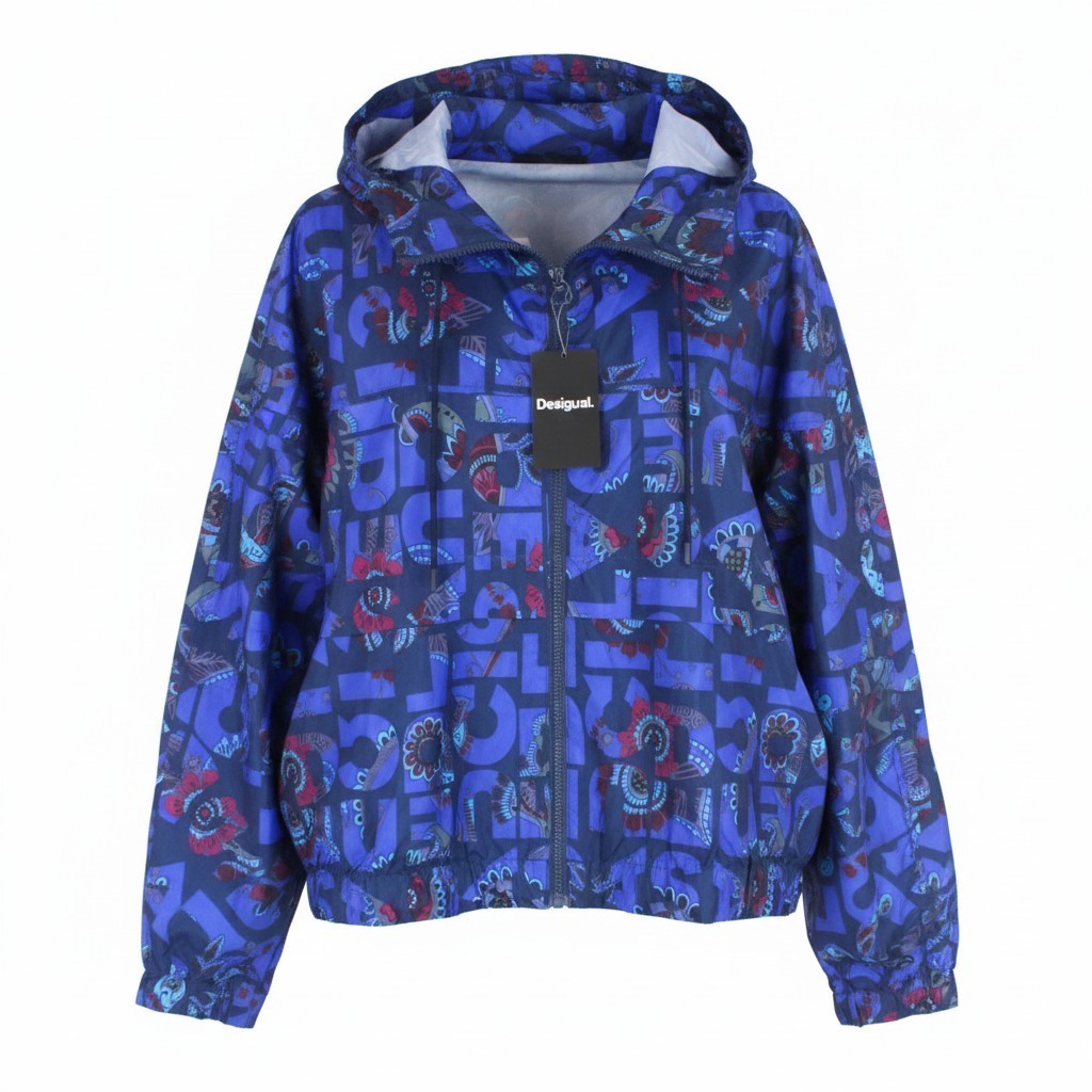 DESIGUAL Chaq Lex Women Jacket 40 Hidden Hood Logo Abstract Print Blue Short