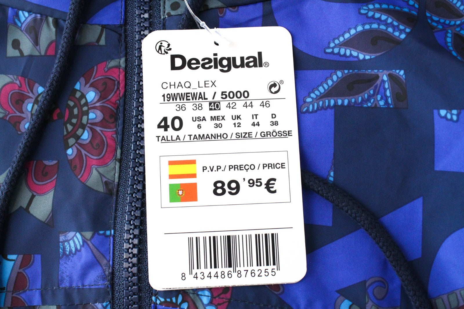 DESIGUAL Chaq Lex Women Jacket 40 Hidden Hood Logo Abstract Print Blue Short
