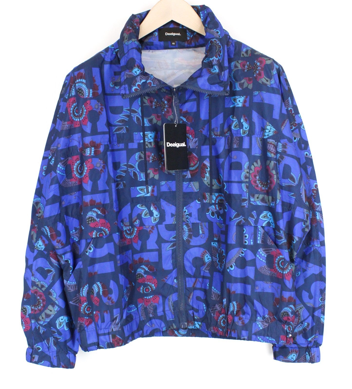 DESIGUAL Chaq Lex Women Jacket 40 Hidden Hood Logo Abstract Print Blue Short