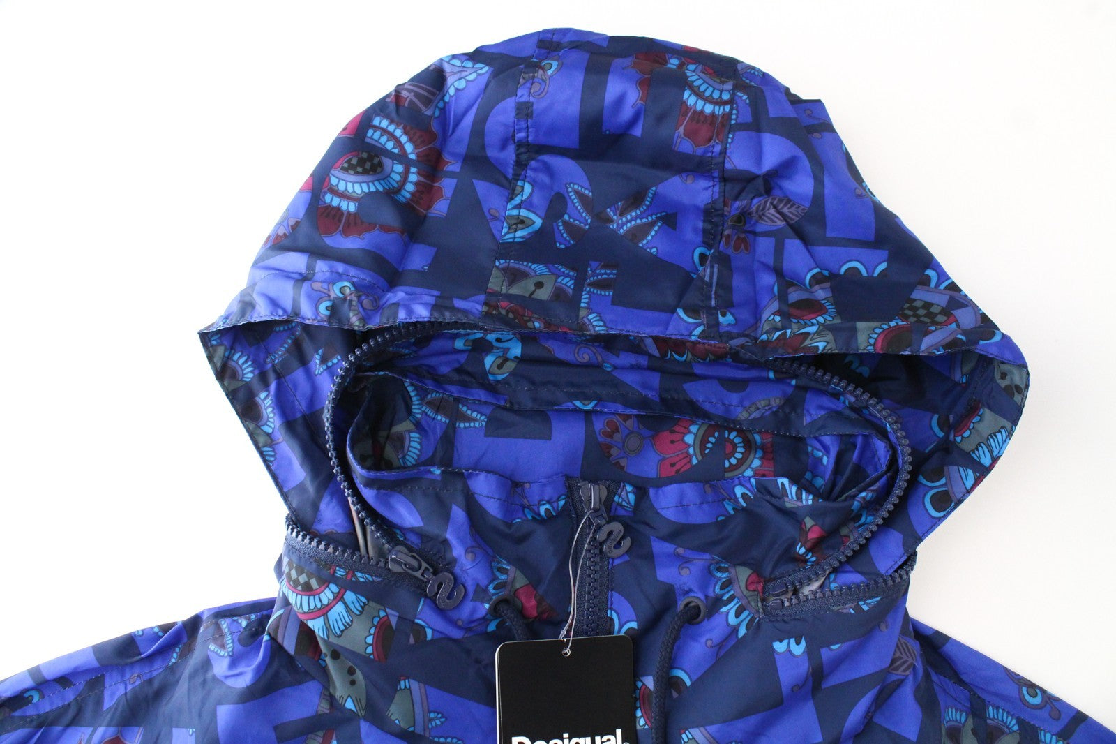 DESIGUAL Chaq Lex Women Jacket 40 Hidden Hood Logo Abstract Print Blue Short