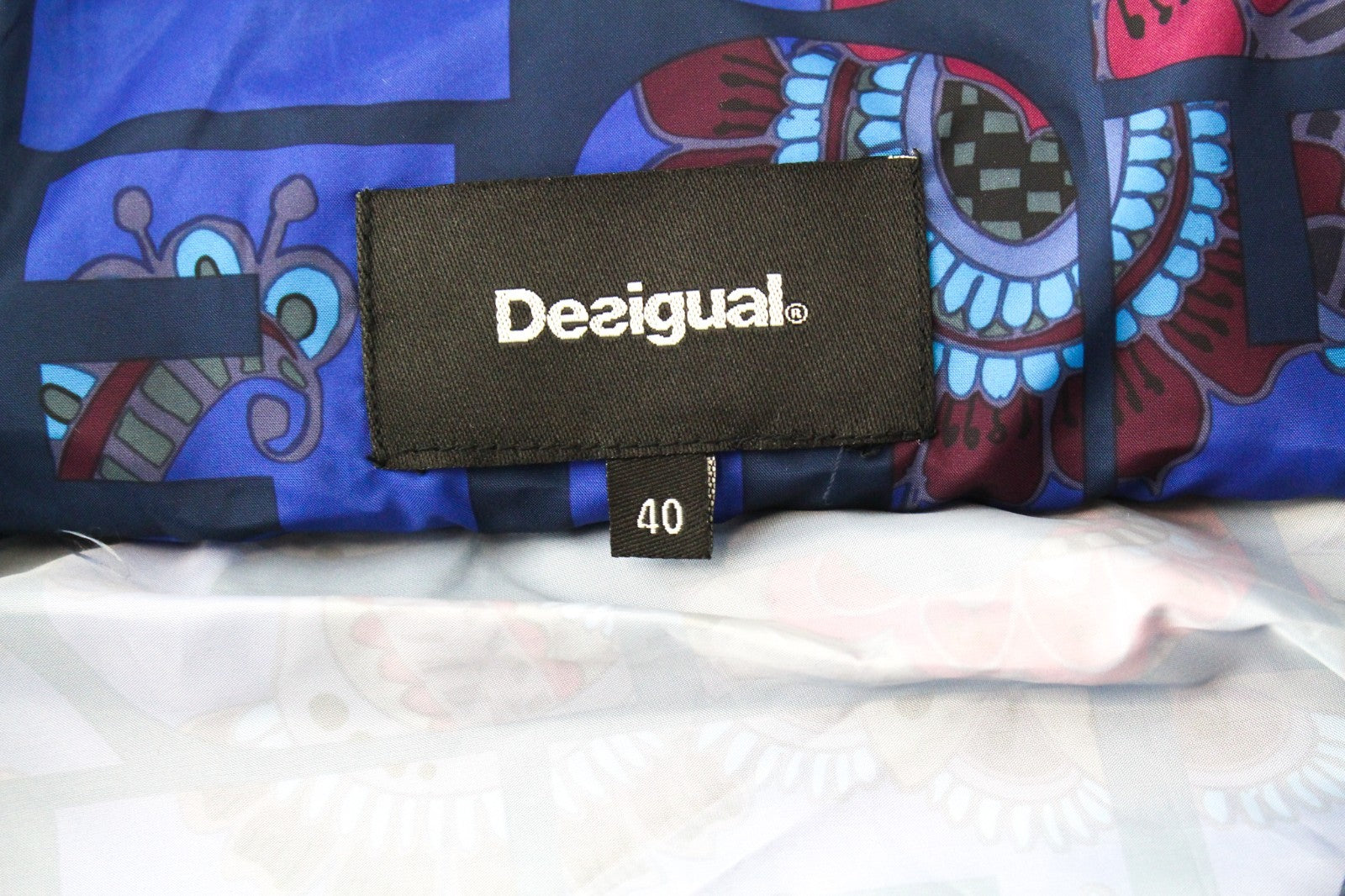 DESIGUAL Chaq Lex Women Jacket 40 Hidden Hood Logo Abstract Print Blue Short