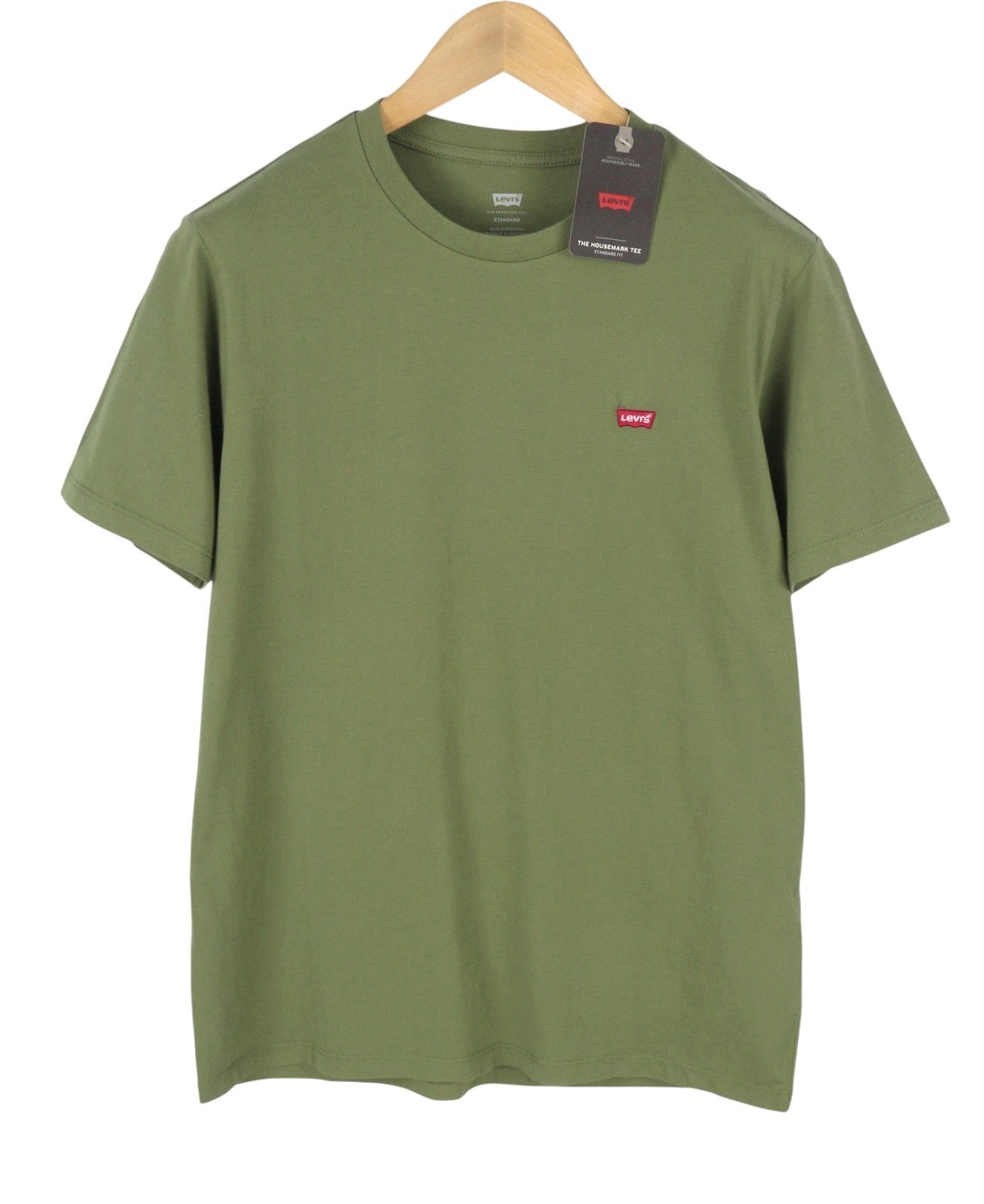 LEVI'S Standard Men T-Shirt M Khaki Green Cotton Tricot Crew Short Sleeved