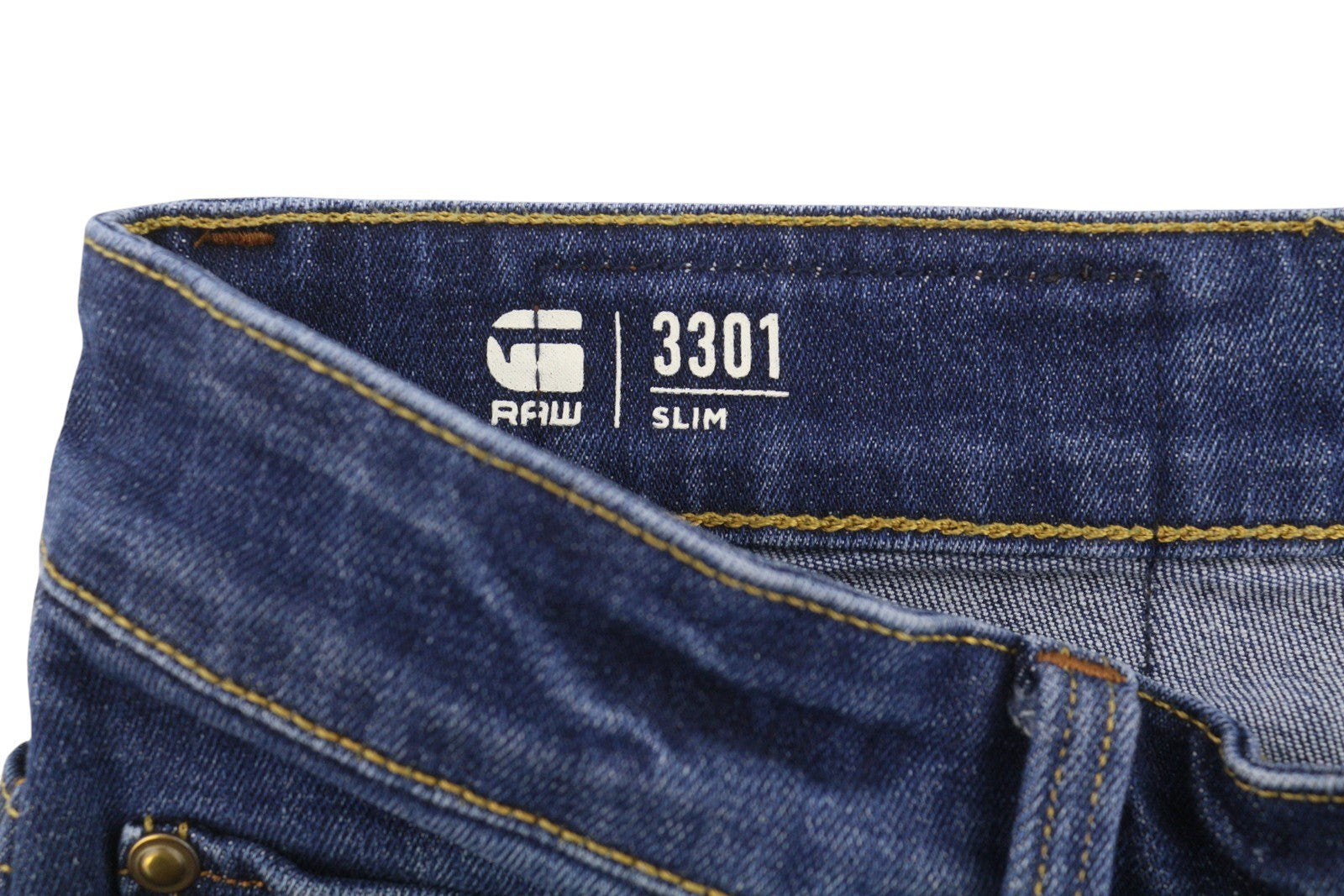 G-STAR 3301 Slim Men Jeans W28/L32 Blue Whiskers Faded Button Fly