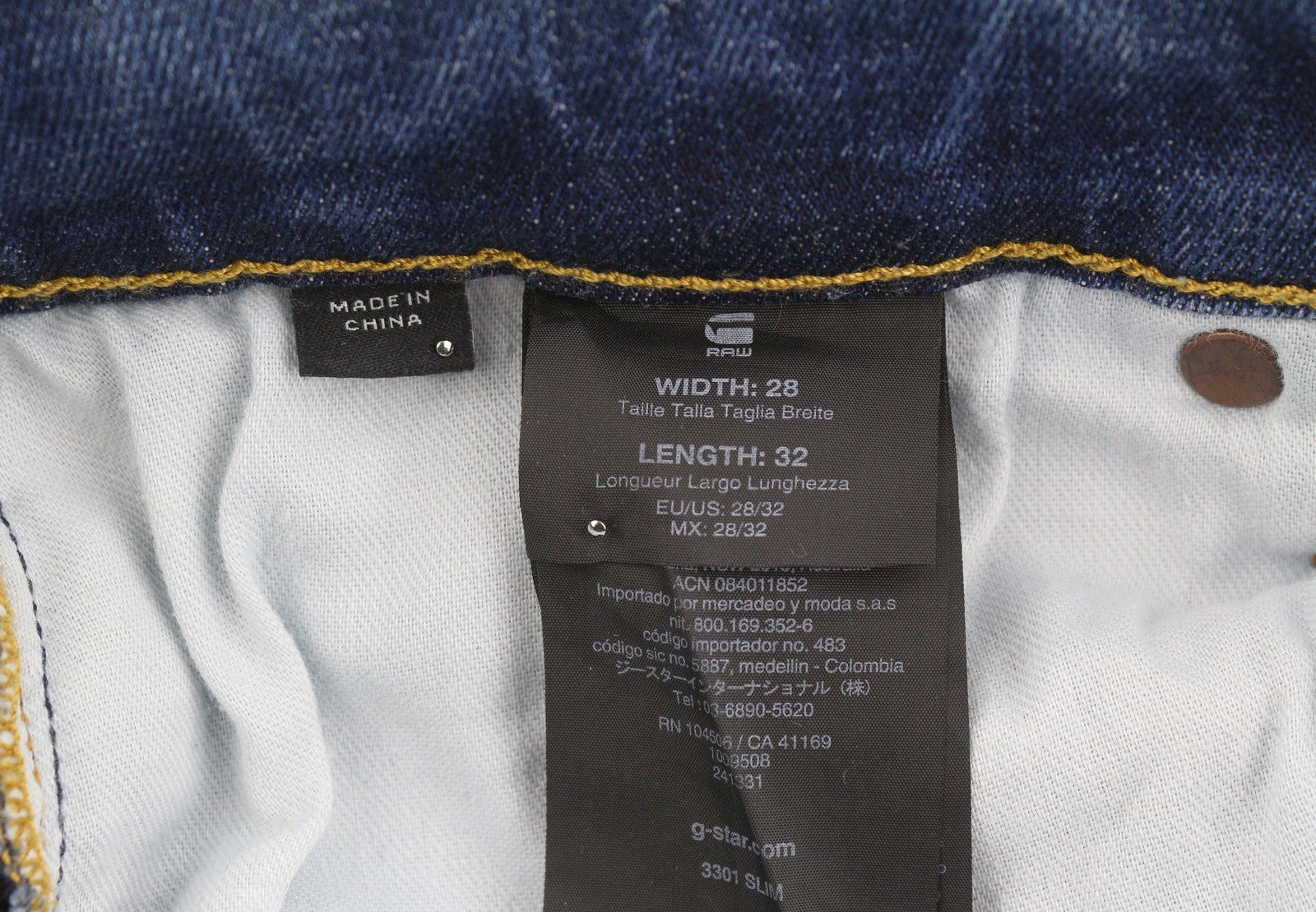 G-STAR 3301 Slim Men Jeans W28/L32 Blue Whiskers Faded Button Fly