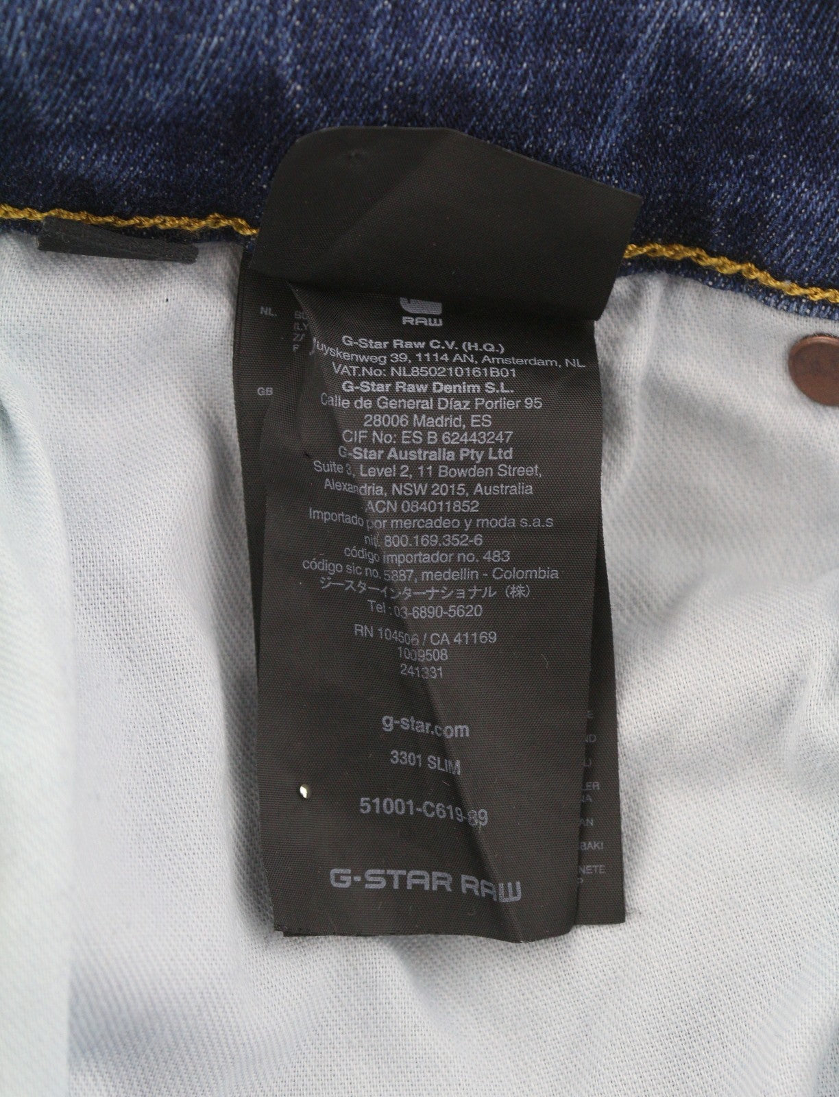 G-STAR 3301 Slim Men Jeans W28/L32 Blue Whiskers Faded Button Fly