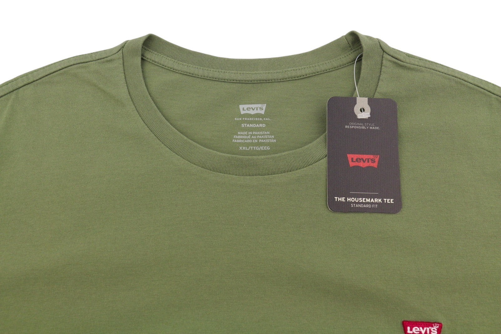 LEVI'S Standard Men T-Shirt 2XL Khaki Green Cotton Tricot Crew Short Sleeved