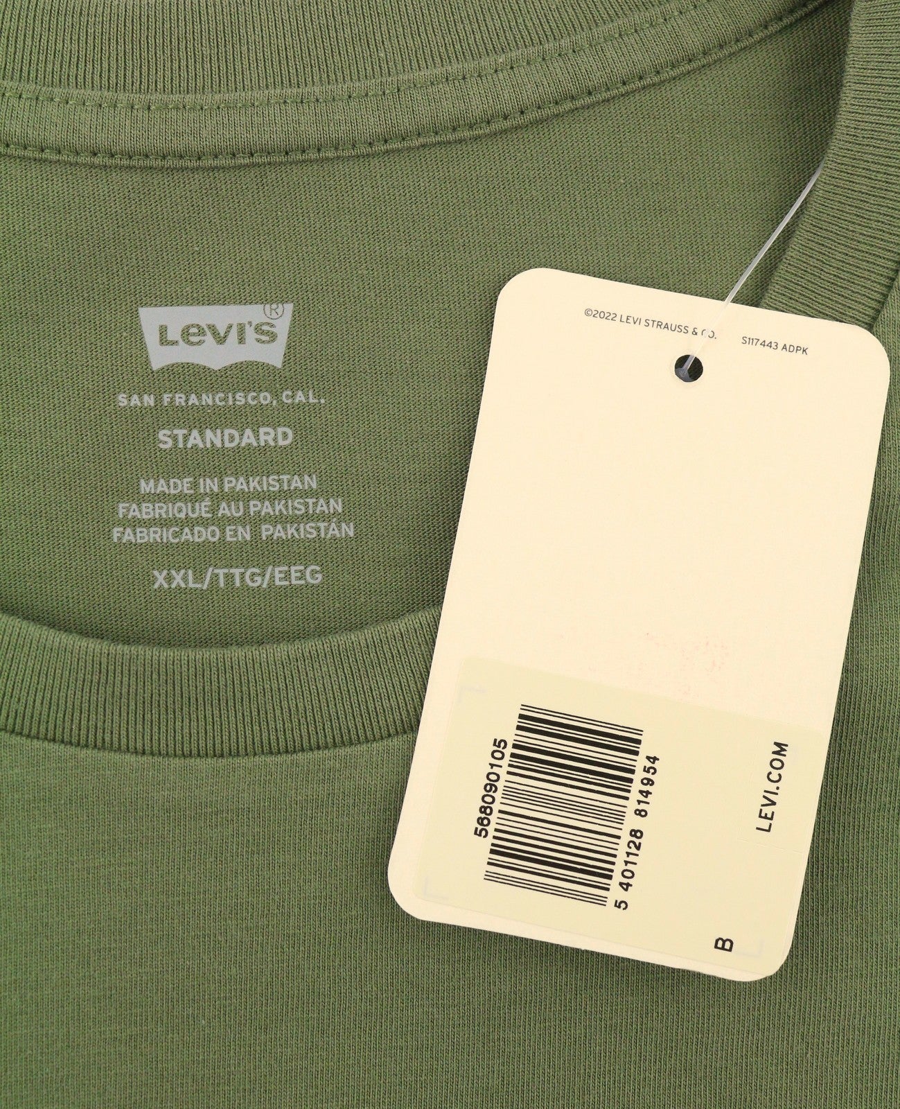 LEVI'S Standard Men T-Shirt 2XL Khaki Green Cotton Tricot Crew Short Sleeved