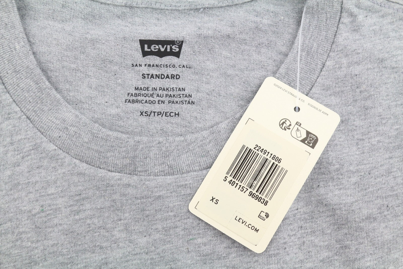 LEVI'S Standard Men T-Shirt XS Grey Melange Tricot Cotton Crew Neck Short Sleeve