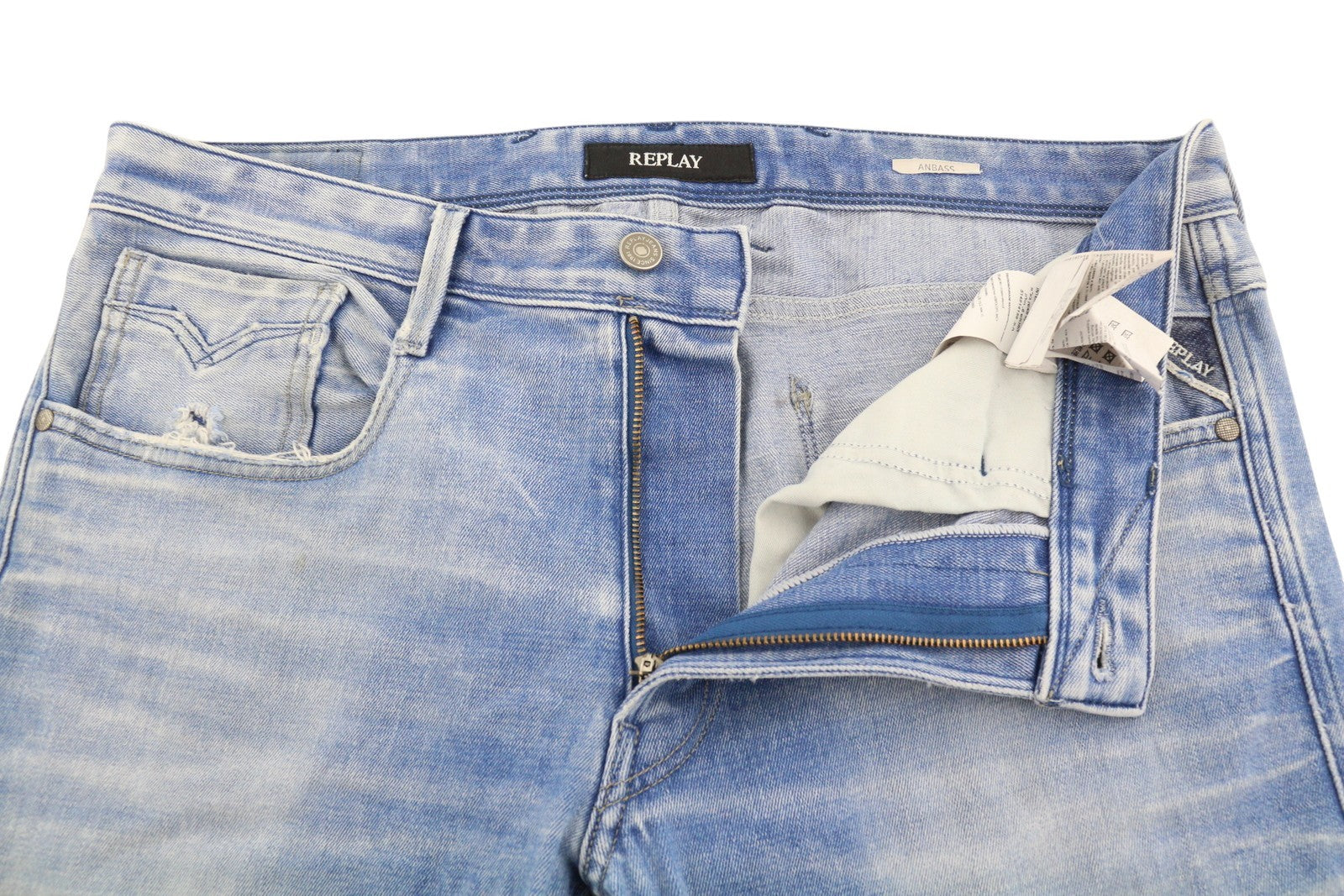 REPLAY Anbass M914F Men Jeans W36/L34 Blue Whiskers Faded Slim Fit