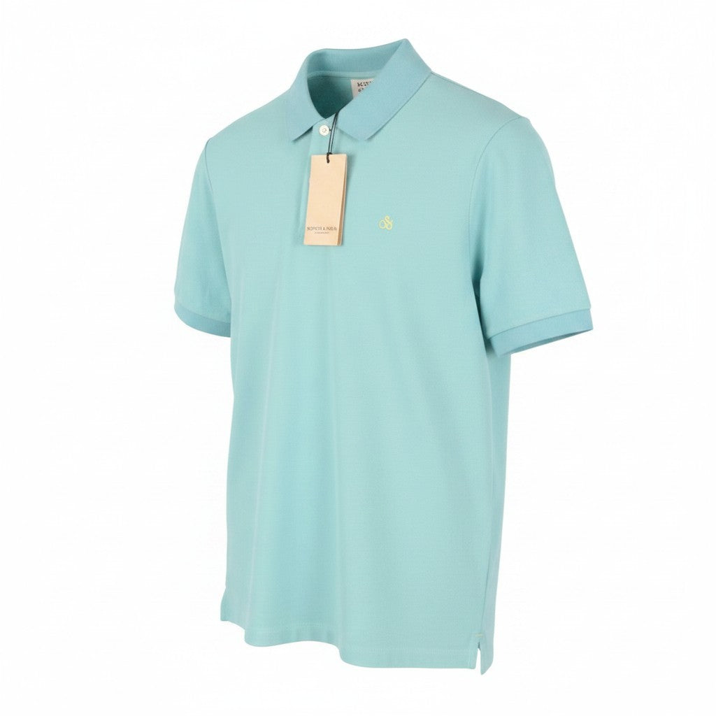 SCOTCH & SODA Men Polos M Sea Blue Half Button Neck Cotton Short Sleeve